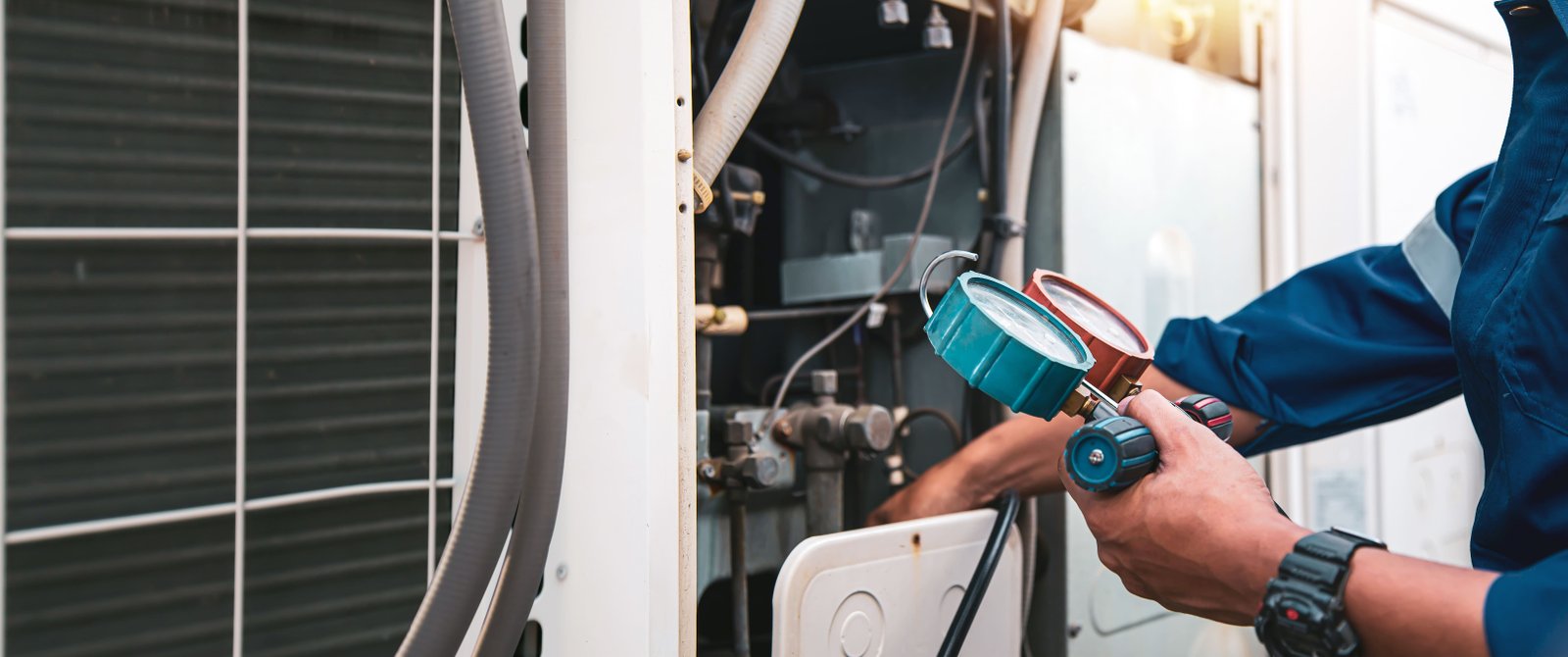 Technician checking a dual run AC capacitor on an outdoor unit in Dubai